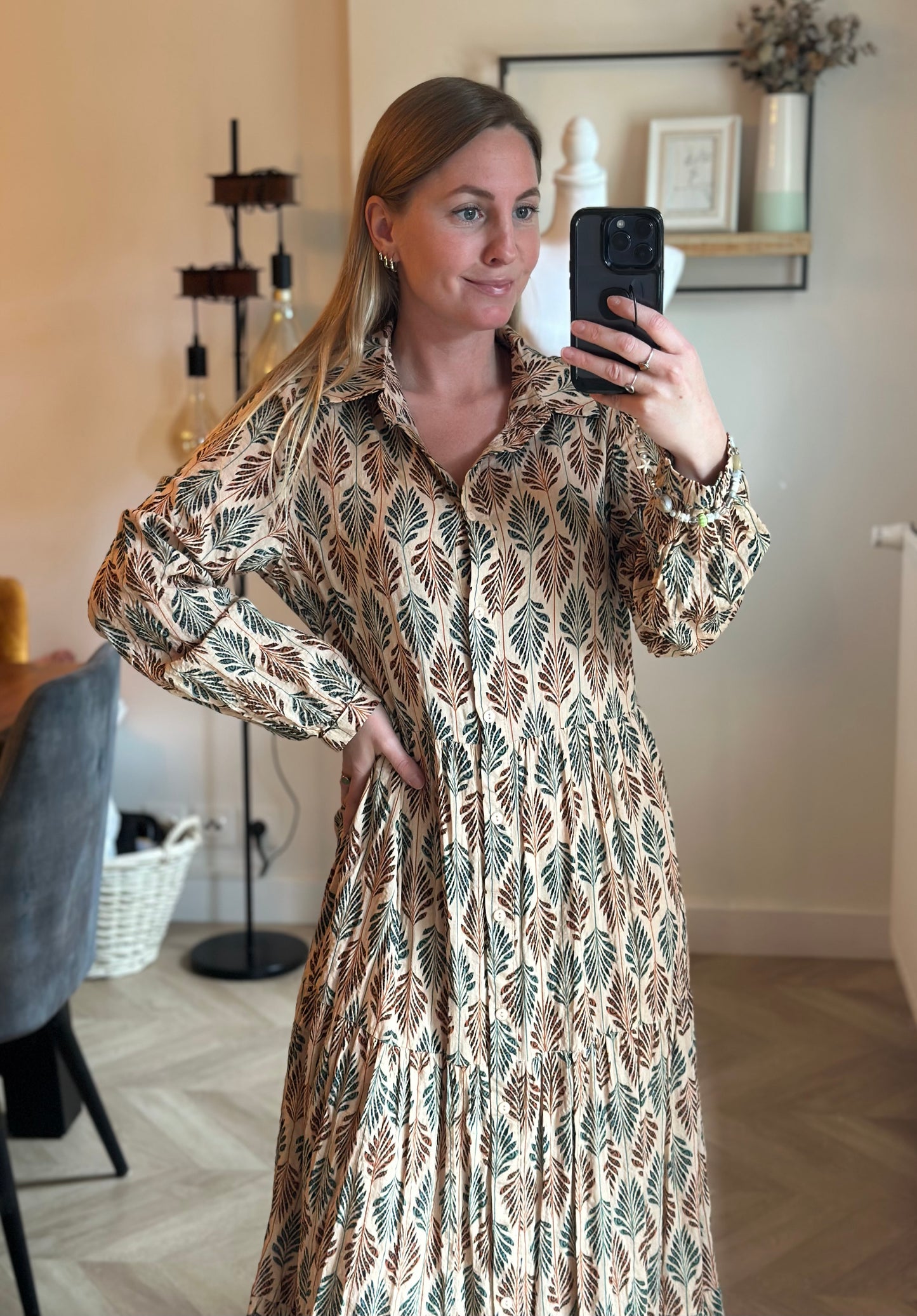 Robe longue imprimé feuillage en coton T.38