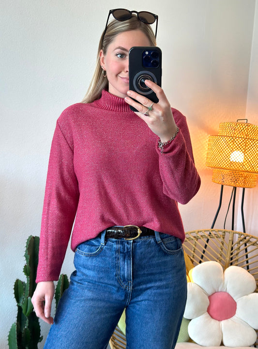 Pull vintage col roulé rose pailleté T.40