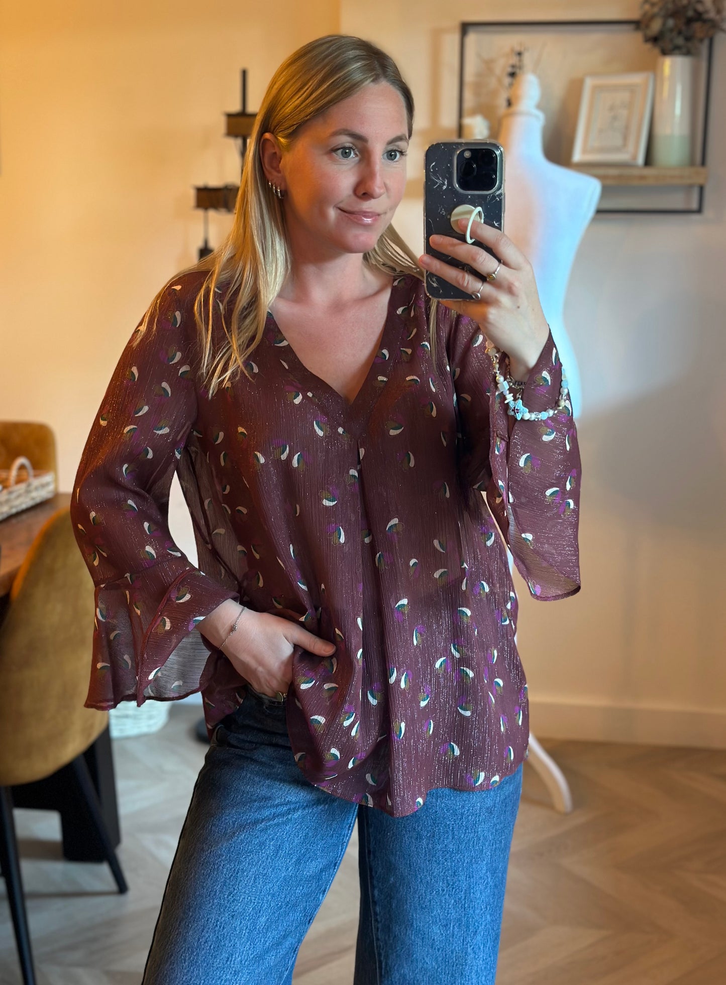 Blouse fluide imprimée bordeaux motifs T.42