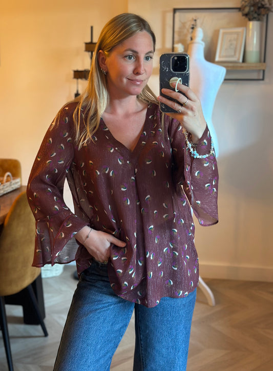 Blouse fluide imprimée bordeaux motifs T.42