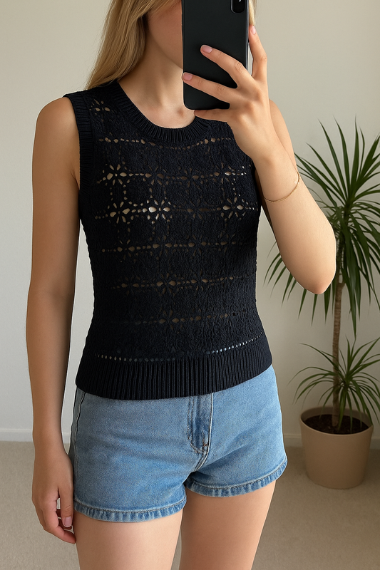 Cardigan sans manches au crochet noir T.34/36