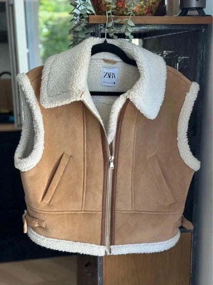 Veste sans manches style peau retournée beige et écru T.34
