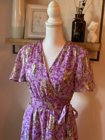 Robe portefeuille imprimé mauve et doré T.34