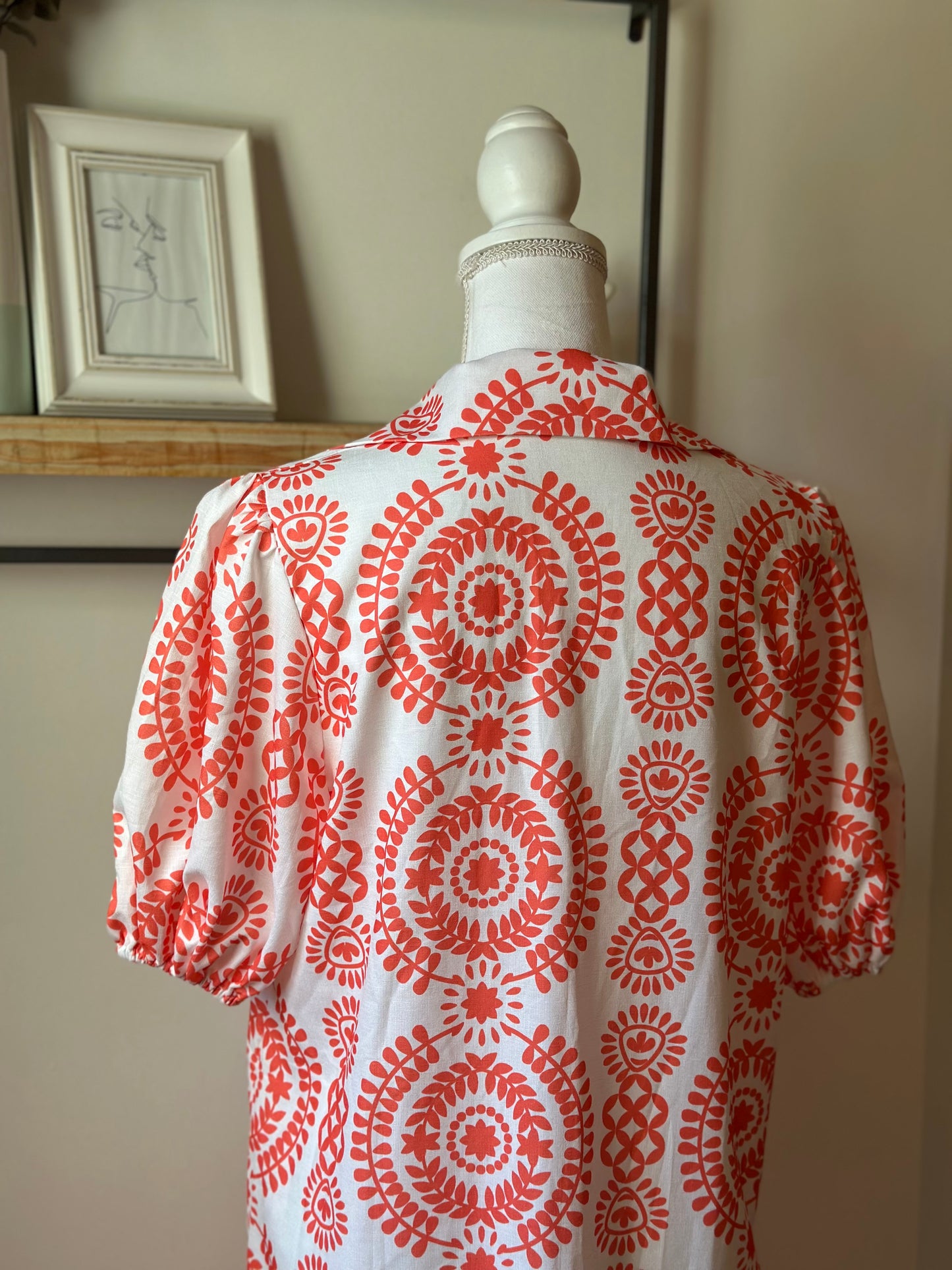 Robe longue imprimé graphique rouge blanc fluide T.38