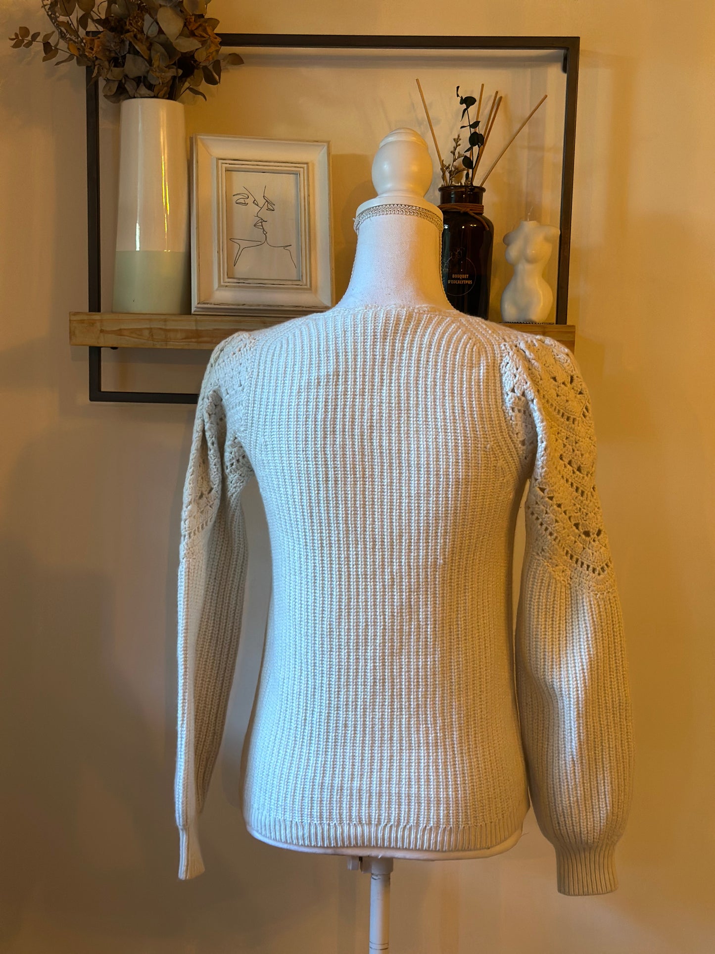 Pull Moira maille ajourée écru en laine mérinos et coton bio T.36