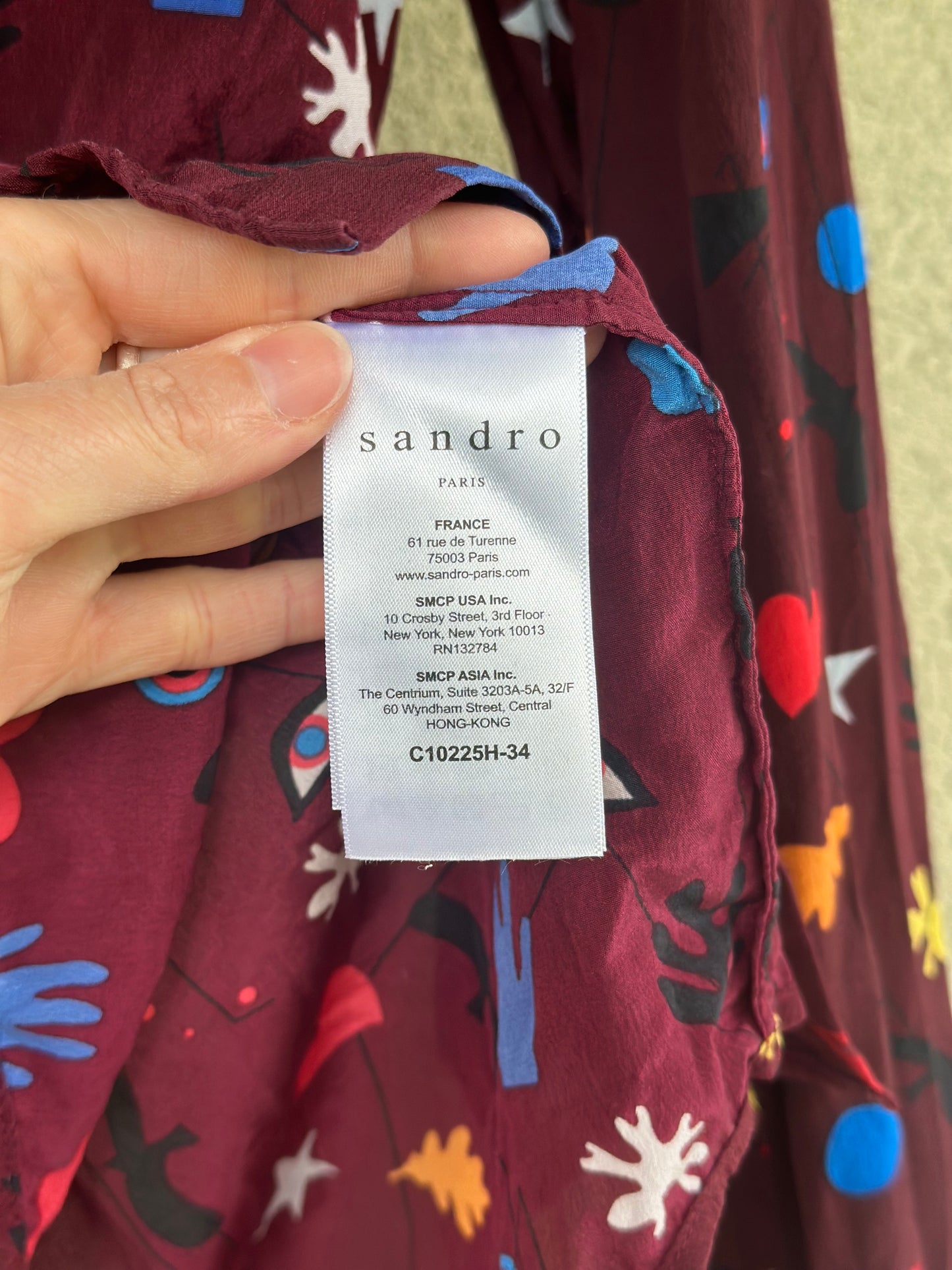 Chemise imprimée en soie bordeaux multicolore T.36
