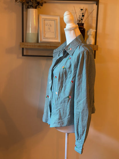 Chemise vintage vichy vert à fleurs brodées – Fabriquée en France T.U