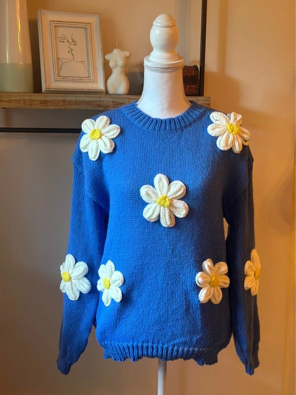 Pull oversize à fleurs en relief bleu T.36/38 neuf