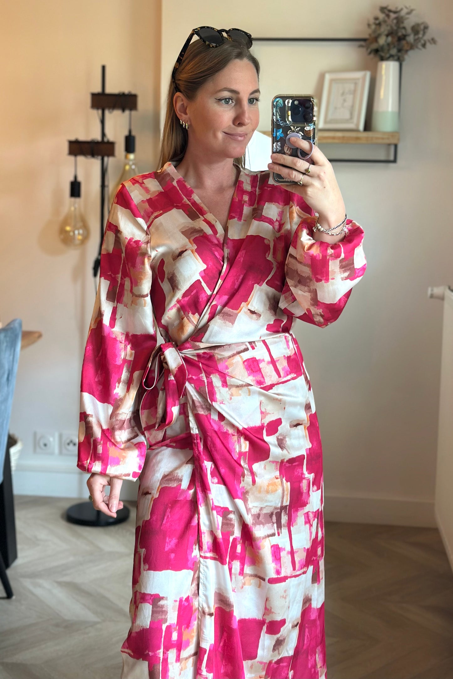 Robe portefeuille imprimé coloré rose et écru T.U