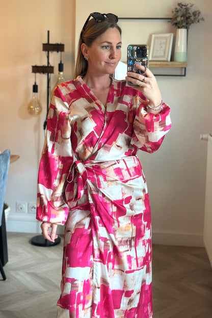 Robe portefeuille imprimé coloré rose et écru T.U