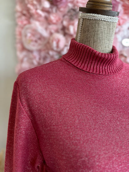 Pull vintage col roulé rose pailleté T.40