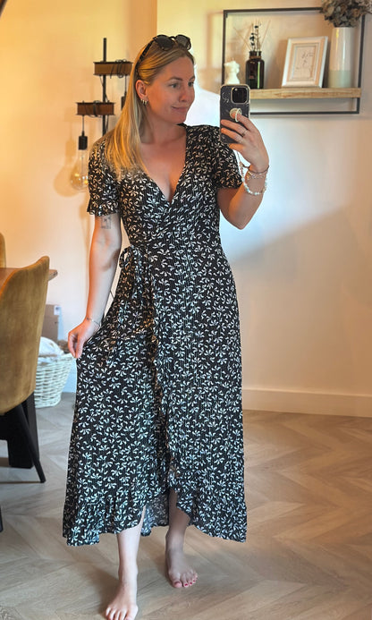 Robe portefeuille noire imprimé fleuri lurex argenté T.36