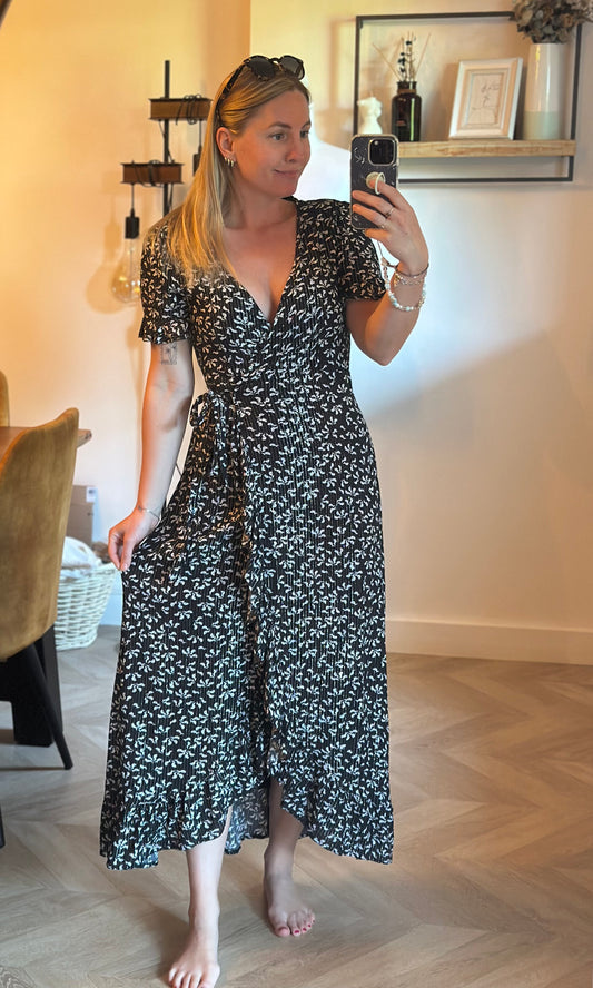 Robe portefeuille noire imprimé fleuri lurex argenté T.36