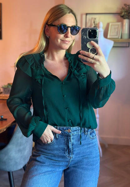 Blouse volantée vert sapin Nafnaf voile fluide T.38