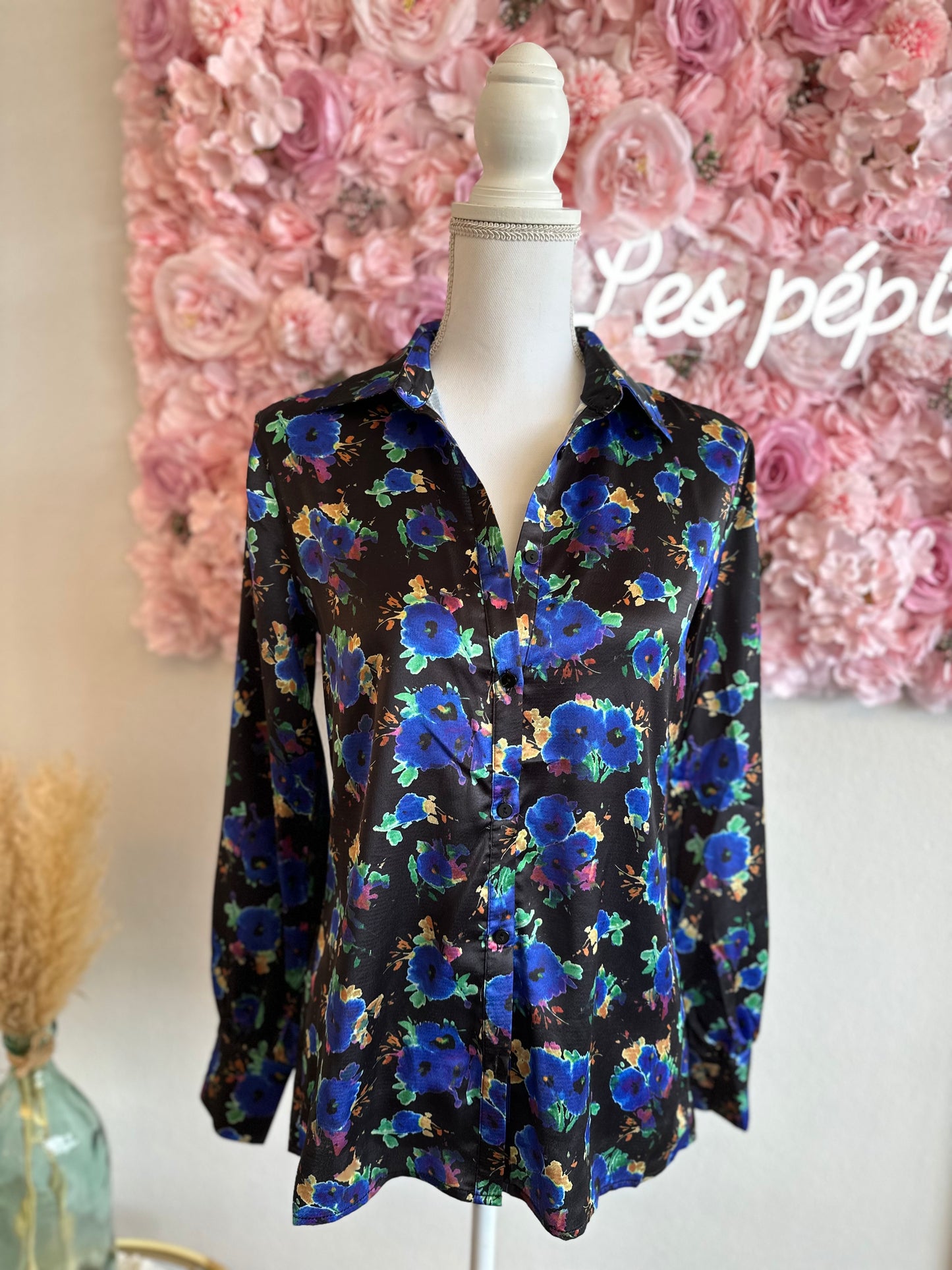 Chemise satinée, imprimé floral bleu T.34