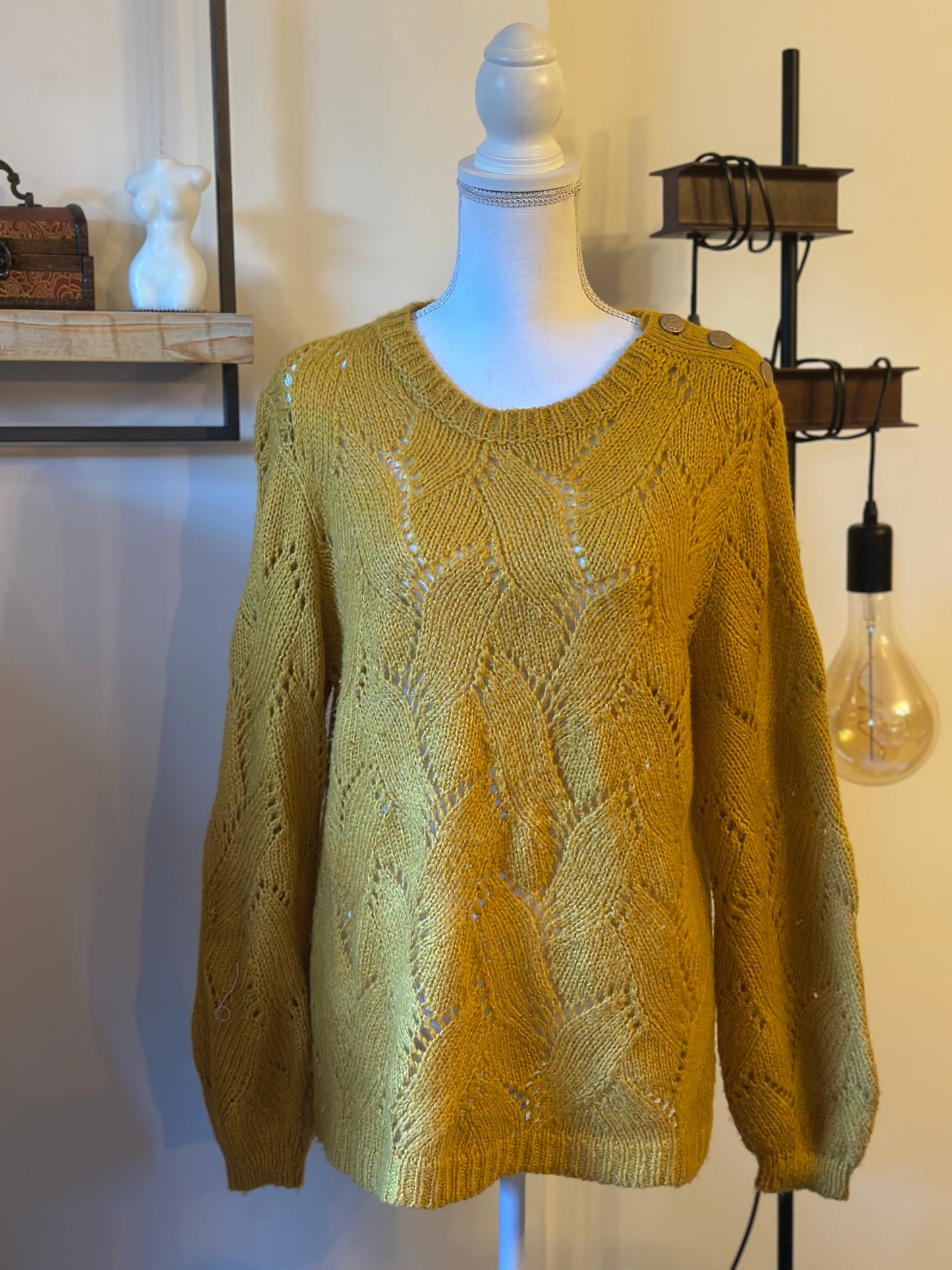Pull maille ajourée jaune moutarde TU