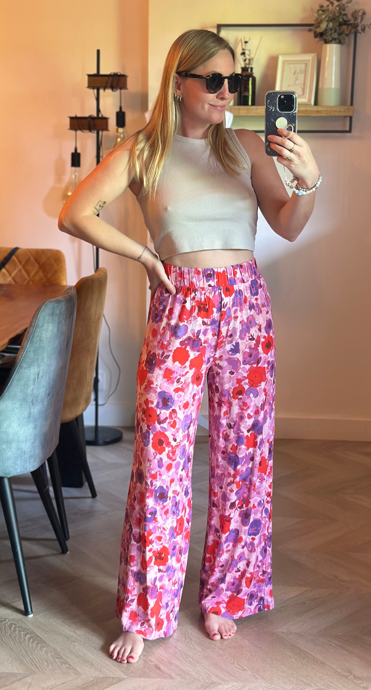 Pantalon fluide large fleuri rose violet neuf T.34