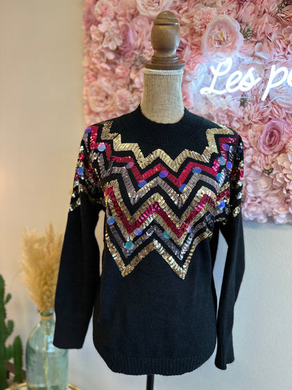 Pull noir en laine avec sequins colorés T.38