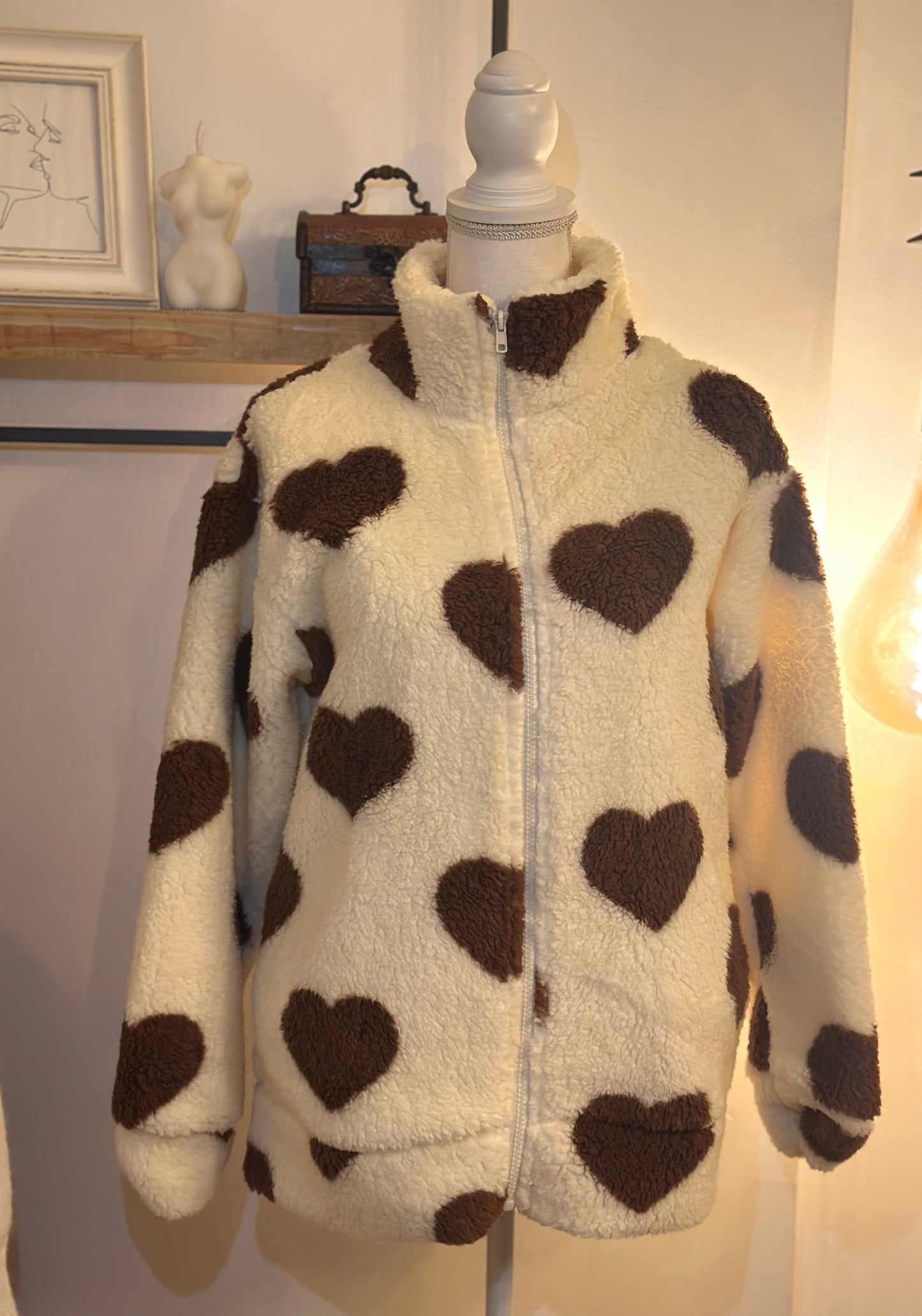 Veste teddy à cœurs marron neuf T.36/38 oversize