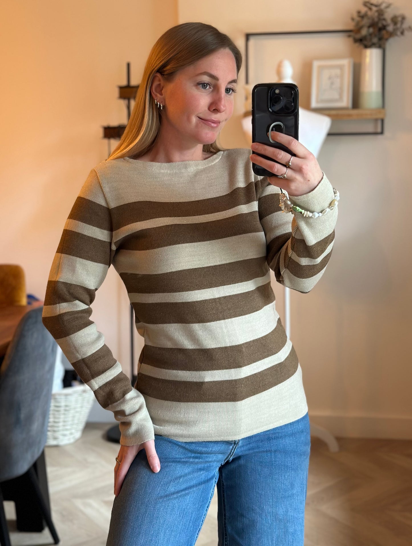 Pull marinière beige et marron laine mérinos fabriqué en France T.38