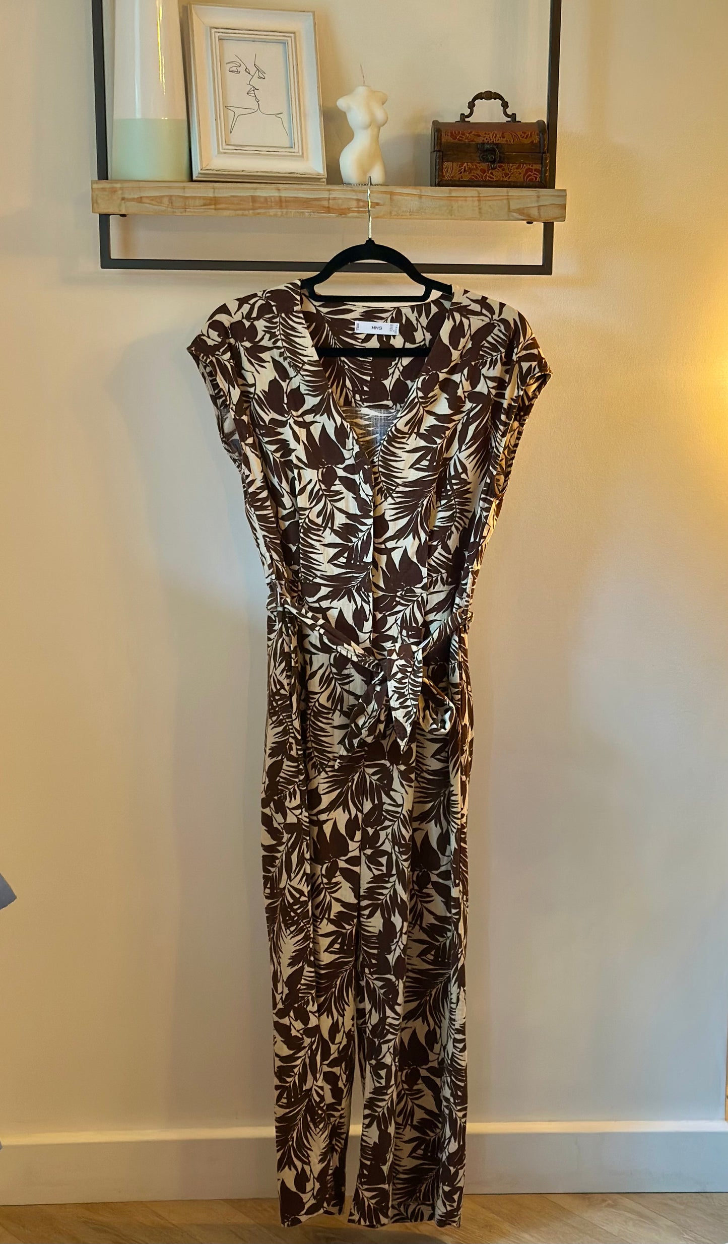 Combinaison fluide imprimé fleuri marron et beige en lin T.36