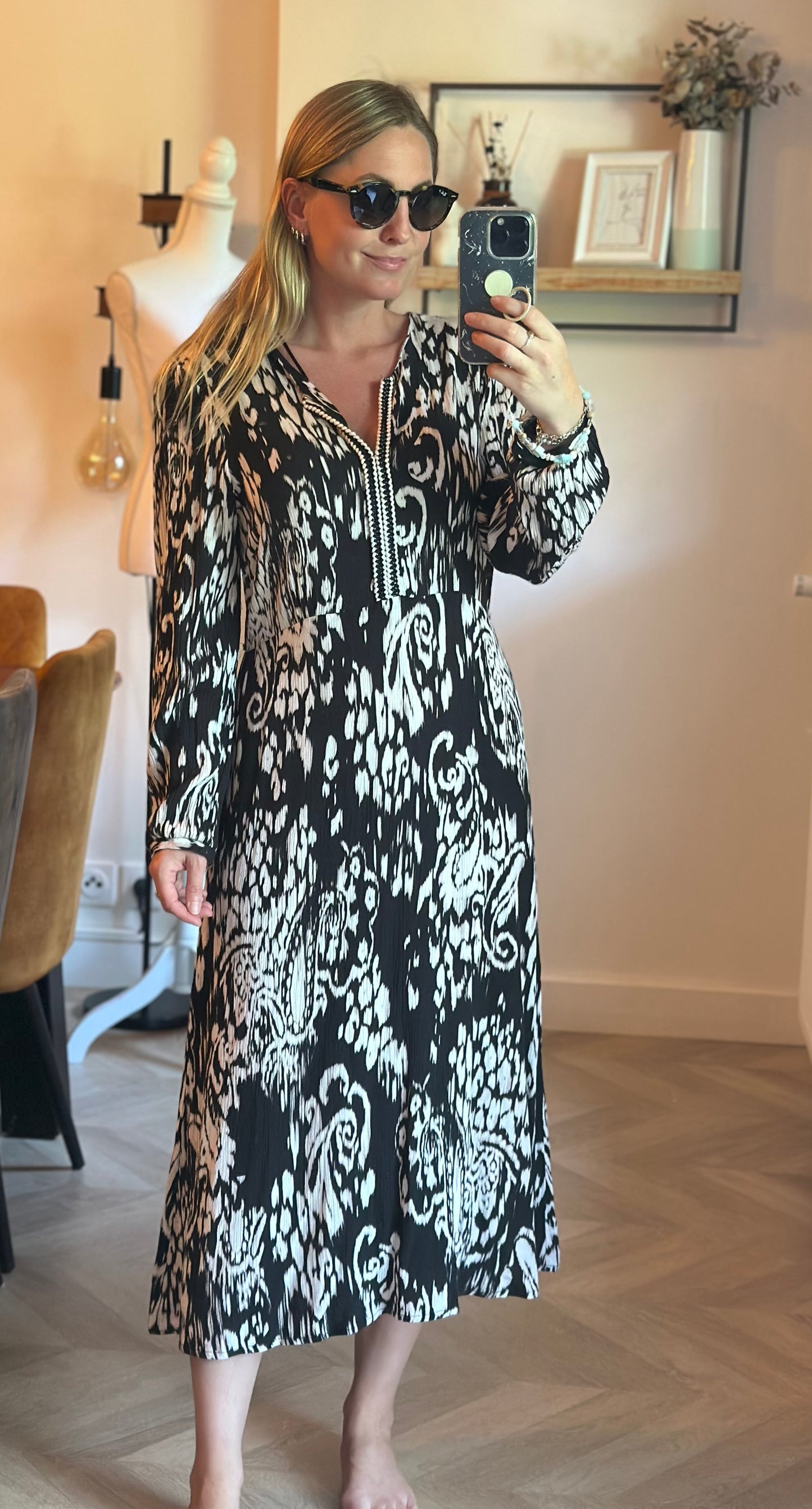 Robe longue imprimée noir et écru Made in France T.38/40