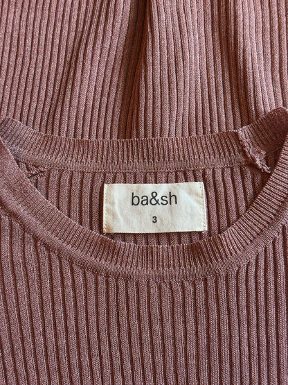 Pull manches courtes maille côtelée parme viscose T.40