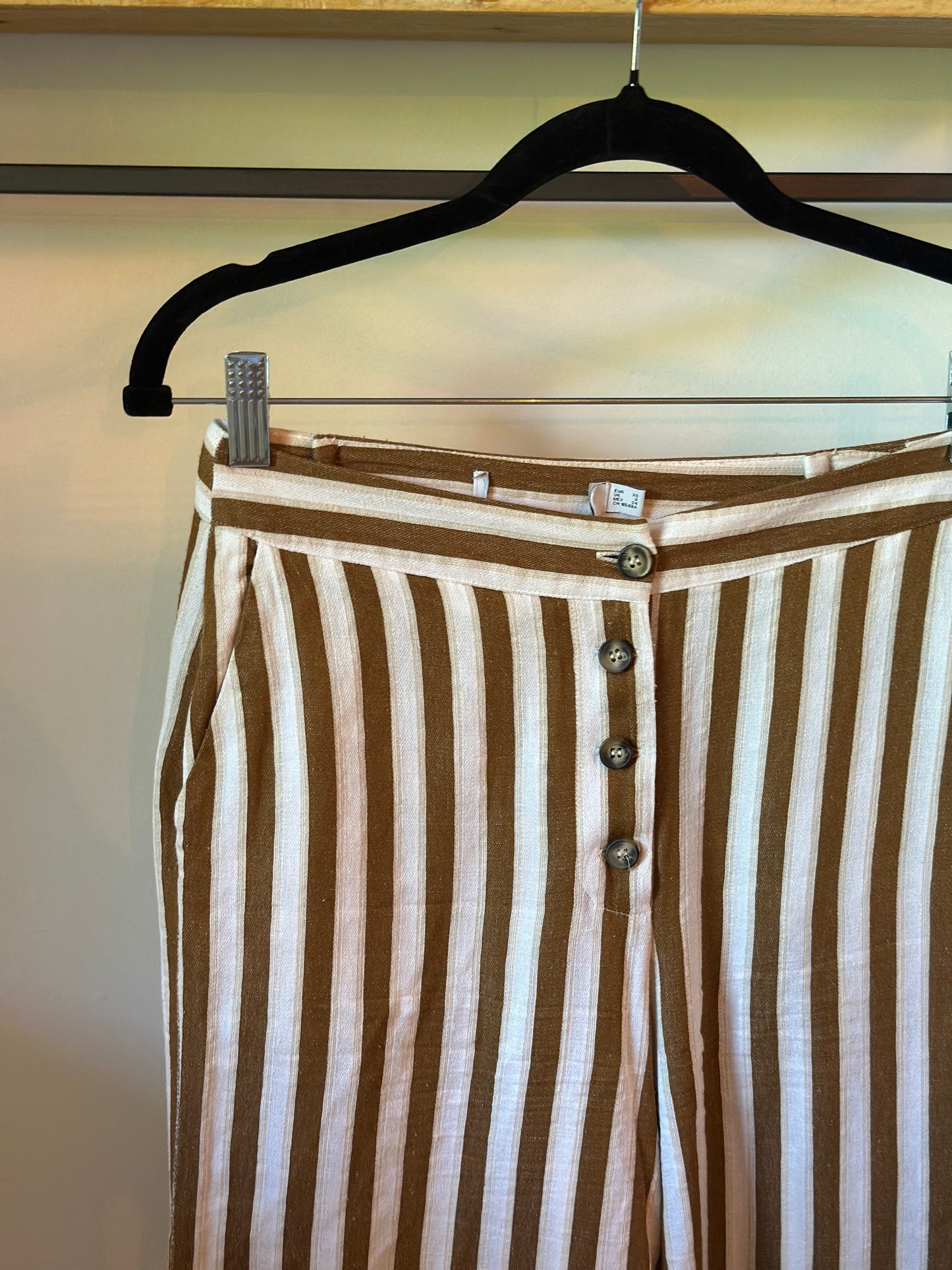 Pantalon large rayé lin coton fluide été beige & marron T.34
