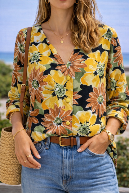 Chemise jaune imprimée fleurs, modèle vintage, T.U