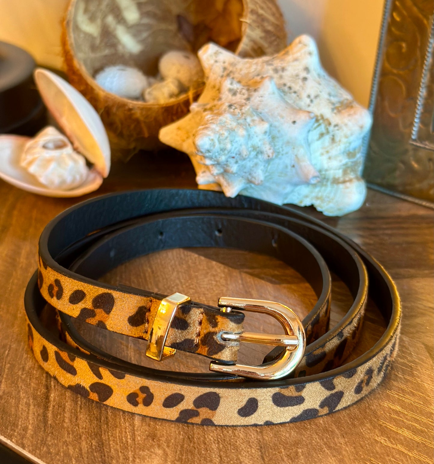 Ceinture léopard ajustable – boucles dorées, 105 cm