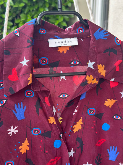 Chemise imprimée en soie bordeaux multicolore T.36