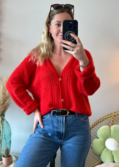 Cardigan en maille ajourée rouge mohair et laine T.U