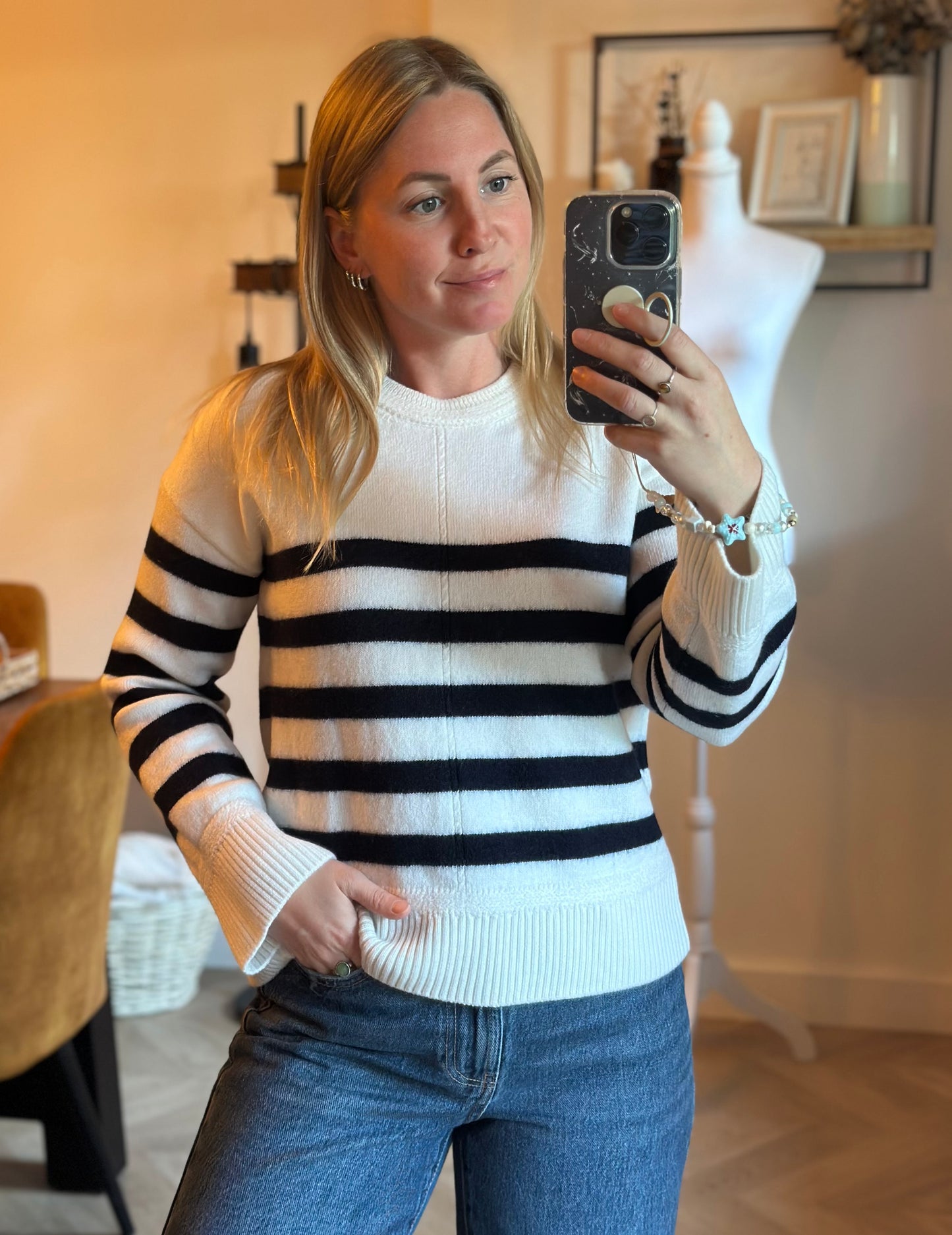 Pull marinière laine mérinos écru rayures noires modèle Bastien T.36