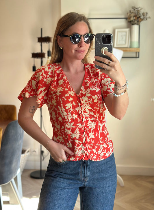 Blouse fleurie rouge et écru T.36