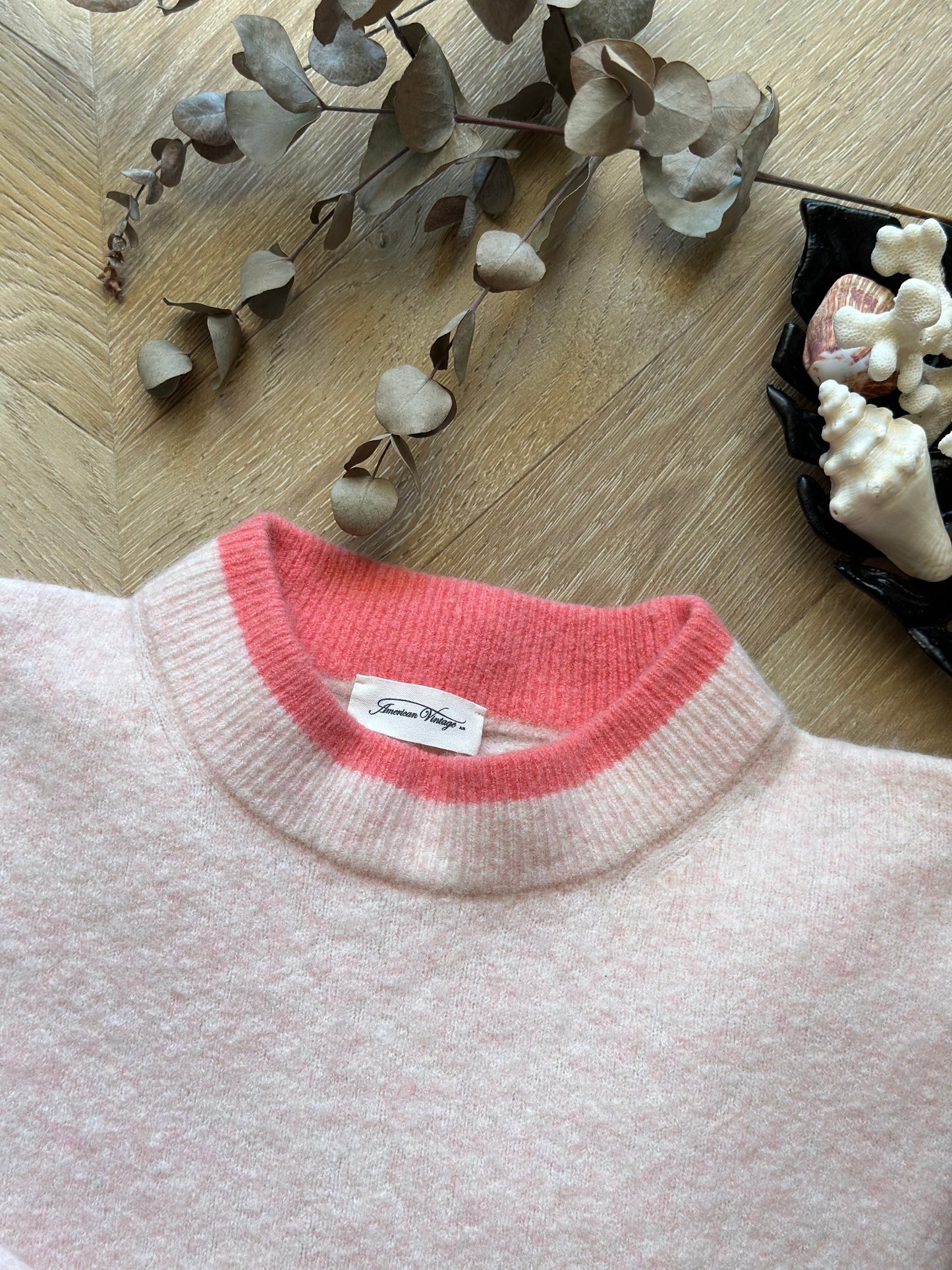 Pull rose en laine American Vintage col contrasté – T.34/36 oversize