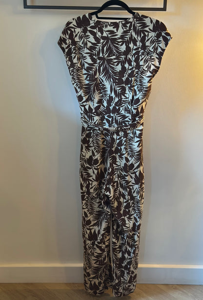 Combinaison fluide imprimé fleuri marron et beige en lin T.36