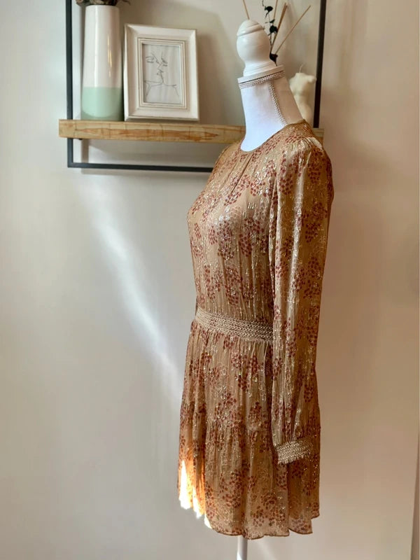 Robe midi imprimé fleuri beige nude et lurex doré taille 34