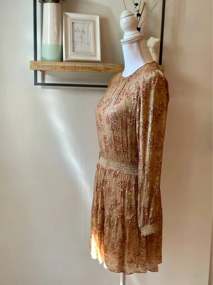 Robe midi imprimé fleuri beige nude et lurex doré taille 34