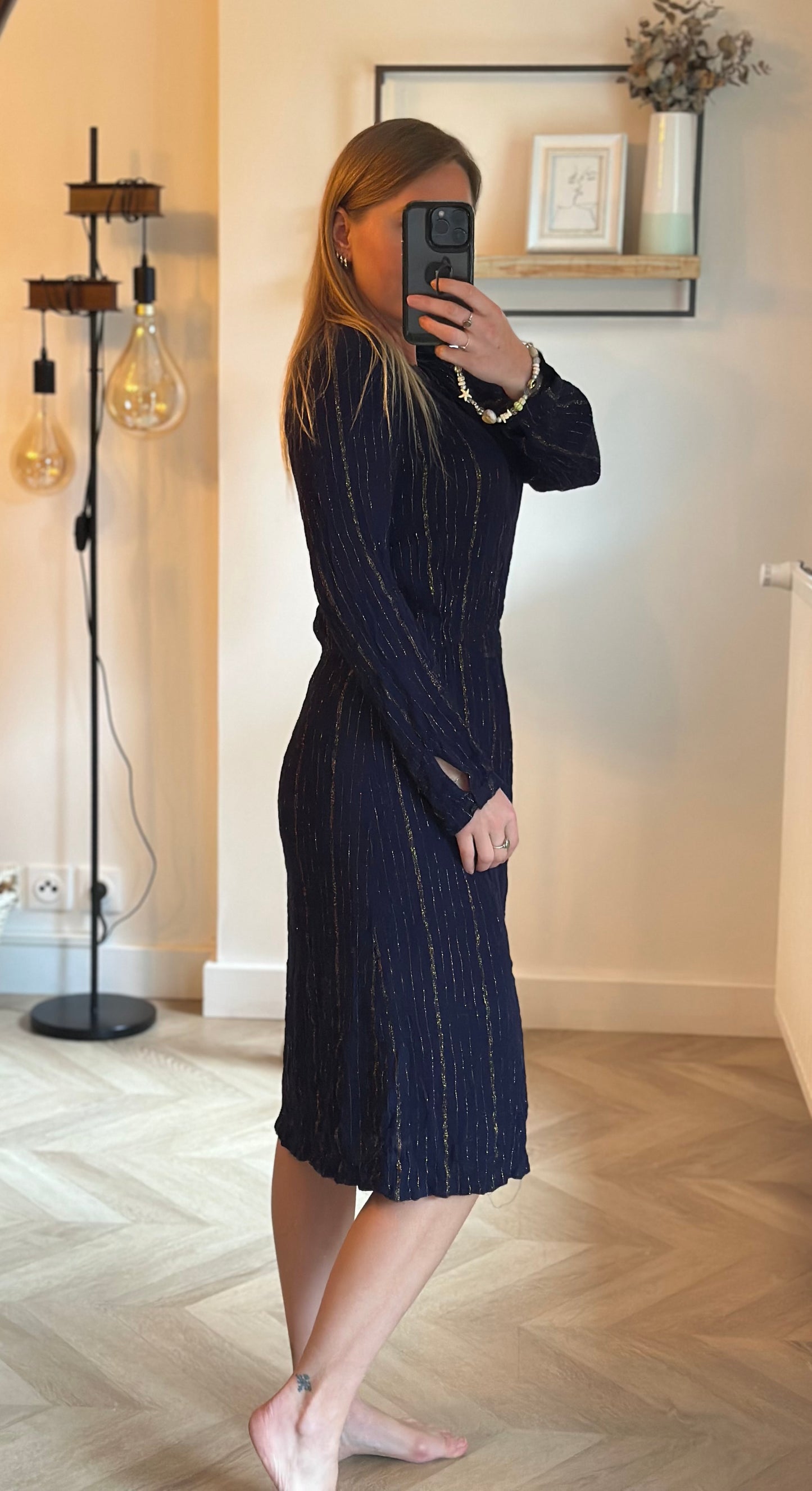 Robe midi fluide marine et lurex doré T.38