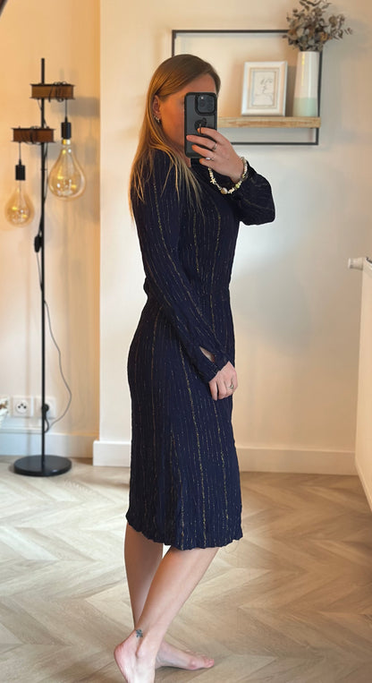 Robe midi fluide marine et lurex doré T.38