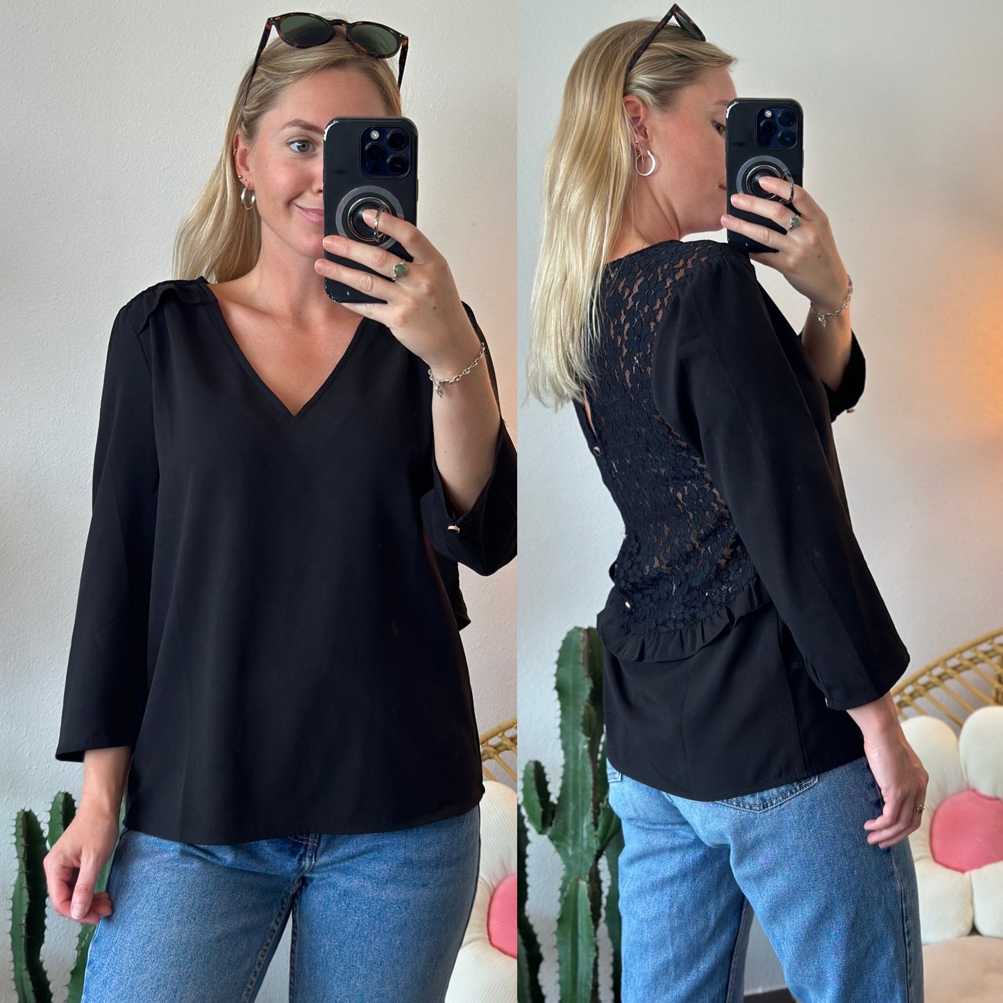 Blouse fluide noire avec dentelle fleurie au dos, T.38