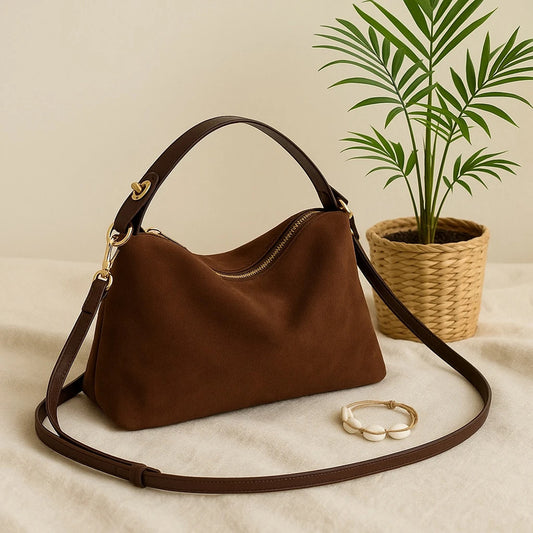 Sac marron suédine et similicuir détails dorés