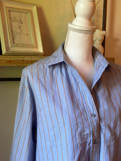 Chemise rayée bleu ciel et camel en coton bio T.34 oversize