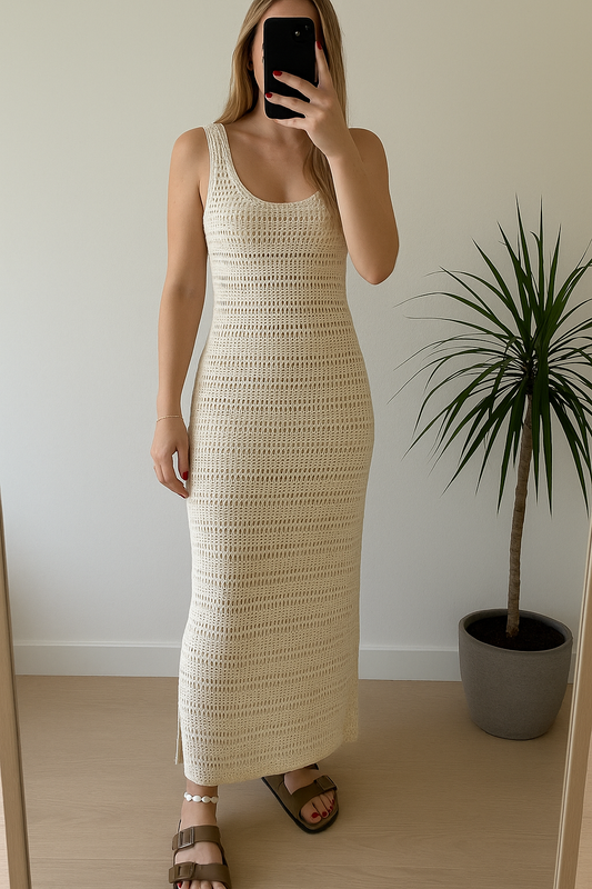 Robe longue au crochet crème neuve T.38
