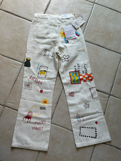 Pantalon jean blanc imprimé fleuri moderne Neuf T.34