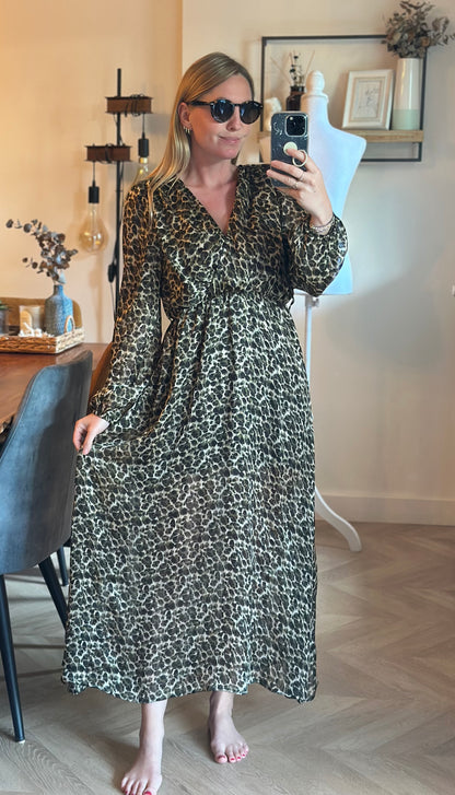 Robe longue imprimé léopard kaki noir lurex T.38