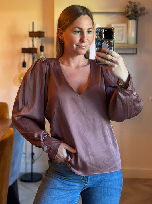 Blouse effet satiné marron clair col V satin T.40