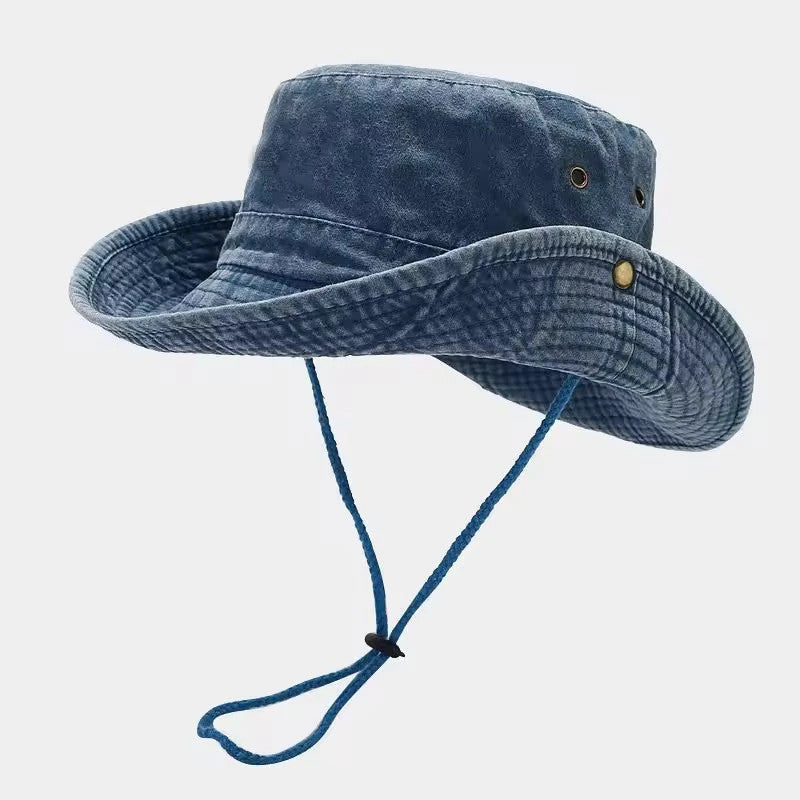 Chapeau unisexe bleu effet denim avec cordon neuf