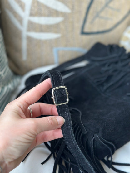 Sac à franges daim noir cuir Italie – bandoulière amovible
