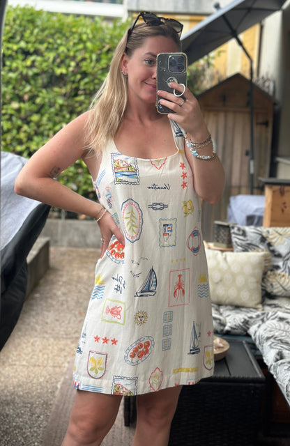 Robe d’été motifs bord de mer en lin, coton & viscose T.36/38